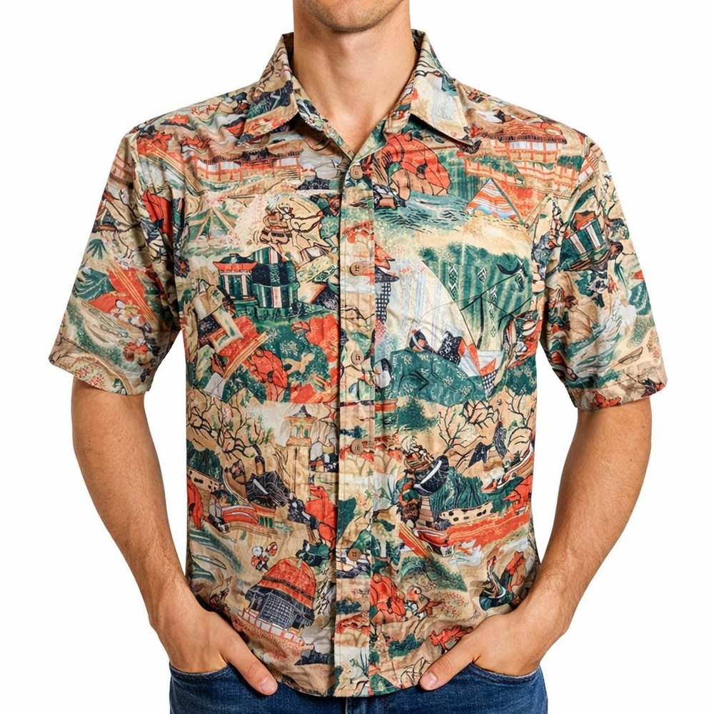 Cooke Street Hawaiian Aloha Shirt Large Japanese Culture Print Tan Green Red